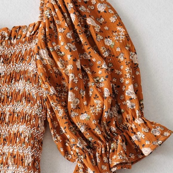 Cottagecore floral print boho dress green shirred - Picture 8 of 8